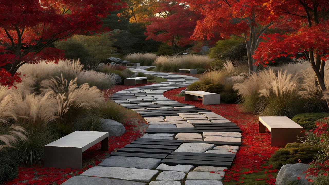 紅葉の庭園小道