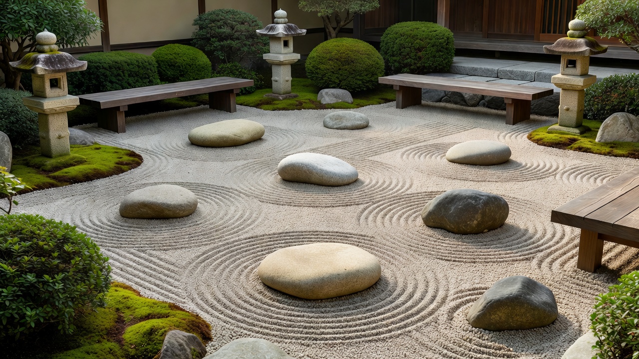 石灯籠のある禅の中庭